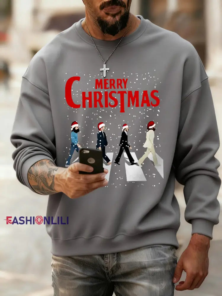 Men’s Merry Christmas Retro Classic Legendary Rock Band Print Casual Sweatshirt Gray / S