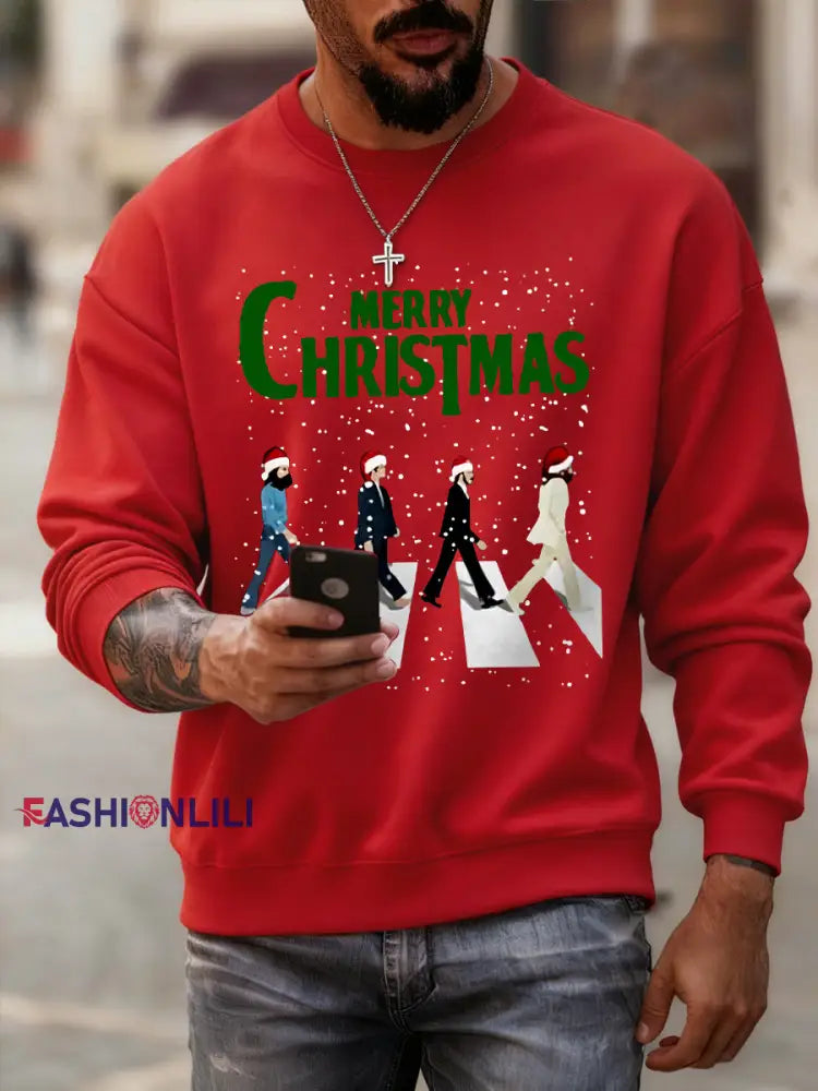 Men’s Merry Christmas Retro Classic Legendary Rock Band Print Casual Sweatshirt Red / S