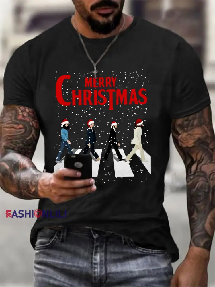 Men’s Merry Christmas Retro Classic Legendary Rock Band Print Casual Tee Black / S