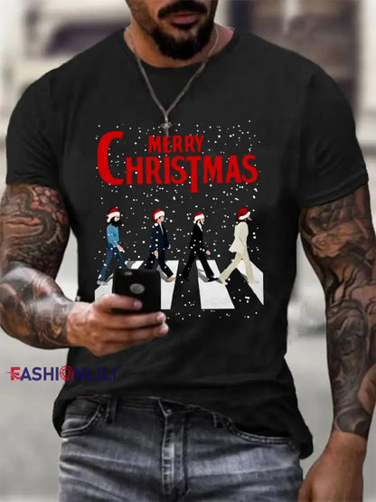 Men’s Merry Christmas Retro Classic Legendary Rock Band Print Casual Tee Black / S