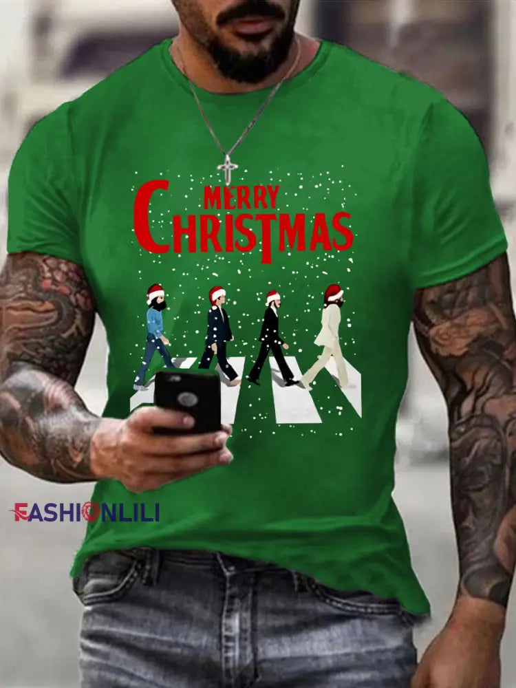 Men’s Merry Christmas Retro Classic Legendary Rock Band Print Casual Tee Green / S