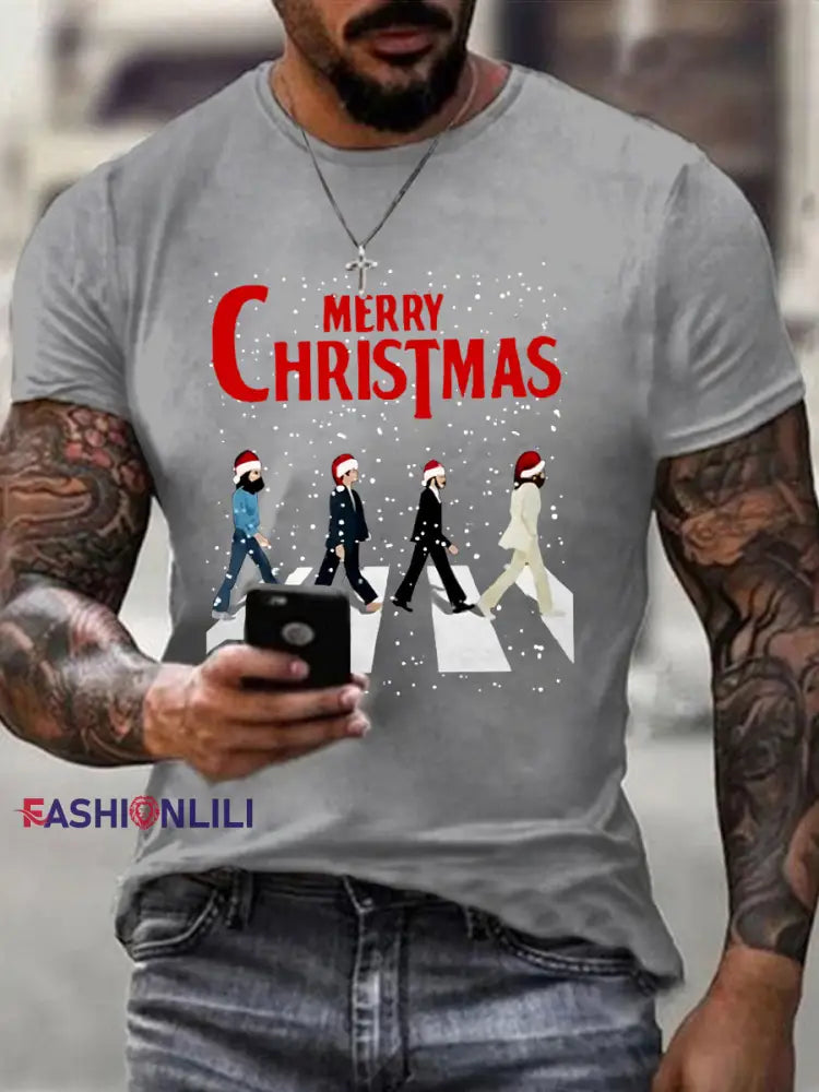 Men’s Merry Christmas Retro Classic Legendary Rock Band Print Casual Tee Light Gray / S