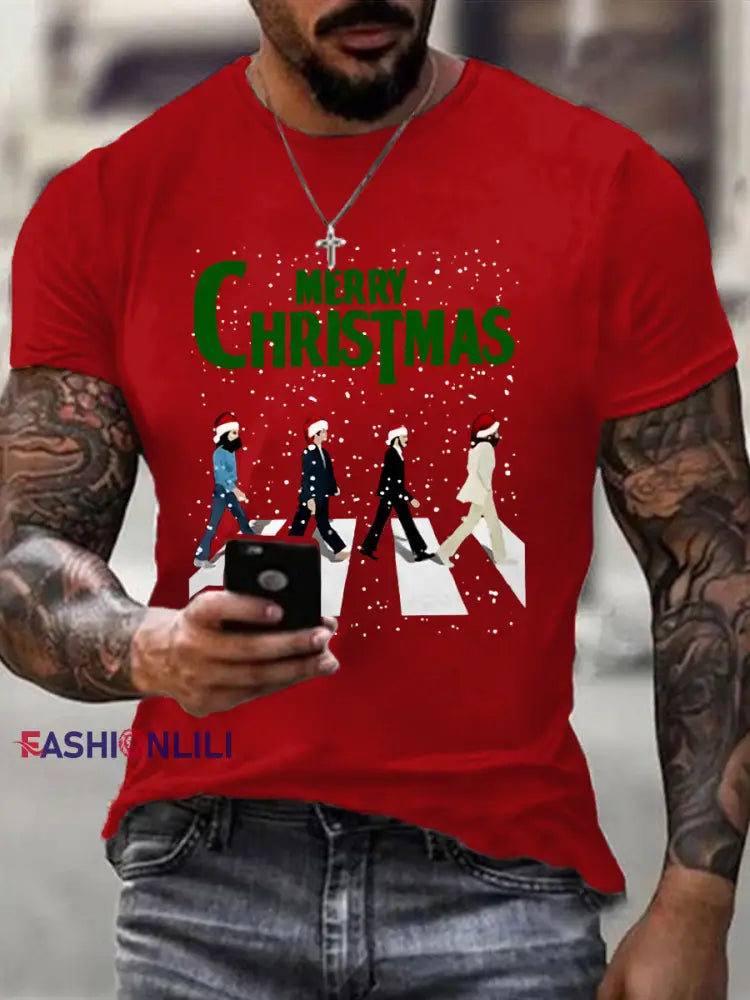 Men’s Merry Christmas Retro Classic Legendary Rock Band Print Casual Tee Red / S