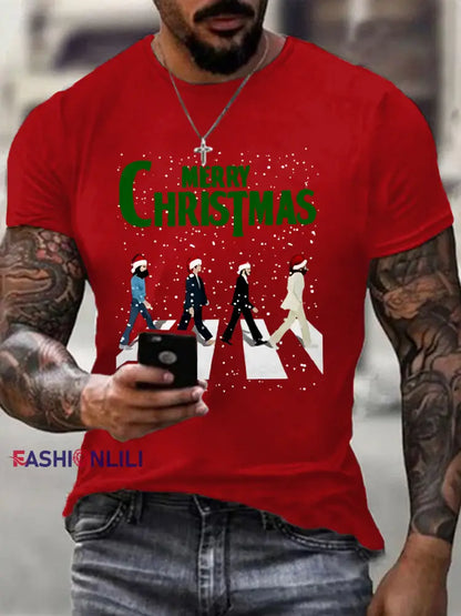 Men’s Merry Christmas Retro Classic Legendary Rock Band Print Casual Tee Red / S