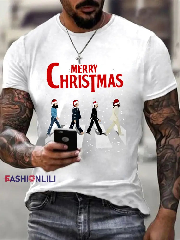 Men’s Merry Christmas Retro Classic Legendary Rock Band Print Casual Tee White / S