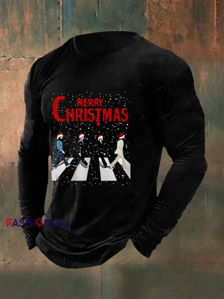 Men’s Merry Christmas Retro Classic Legendary Rock Band Print Gift For Fans Casual Long Sleeve T-Shirt Black / S