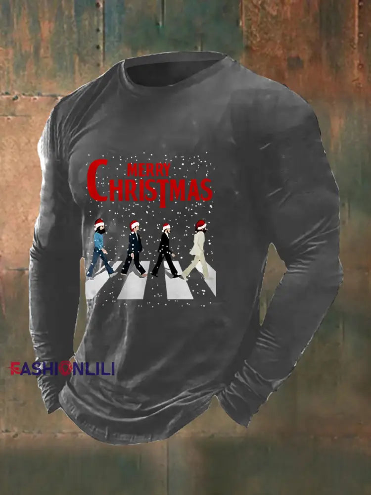 Men’s Merry Christmas Retro Classic Legendary Rock Band Print Gift For Fans Casual Long Sleeve T-Shirt Gray / S
