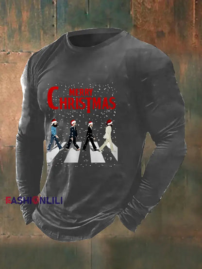 Men’s Merry Christmas Retro Classic Legendary Rock Band Print Gift For Fans Casual Long Sleeve T-Shirt Gray / S