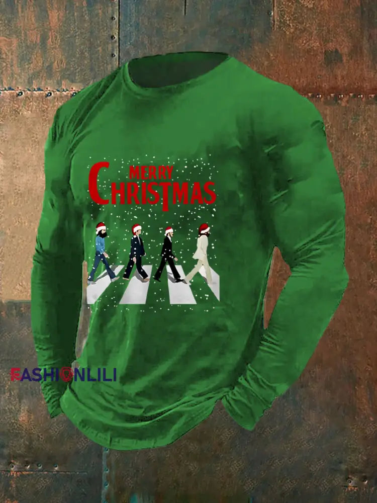 Men’s Merry Christmas Retro Classic Legendary Rock Band Print Gift For Fans Casual Long Sleeve T-Shirt Green / S