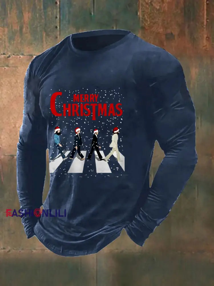 Men’s Merry Christmas Retro Classic Legendary Rock Band Print Gift For Fans Casual Long Sleeve T-Shirt Navy Blue / S