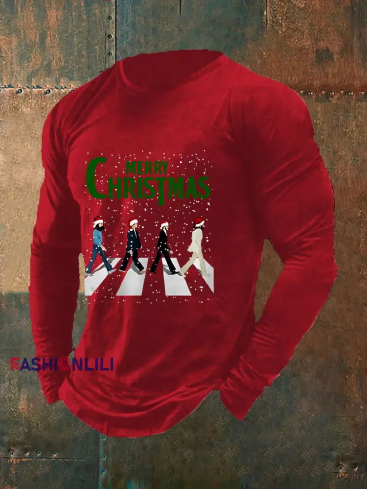 Men’s Merry Christmas Retro Classic Legendary Rock Band Print Gift For Fans Casual Long Sleeve T-Shirt Red / S
