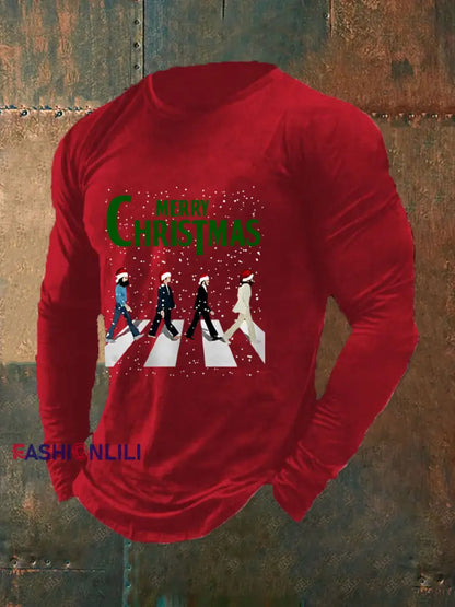 Men’s Merry Christmas Retro Classic Legendary Rock Band Print Gift For Fans Casual Long Sleeve T-Shirt Red / S