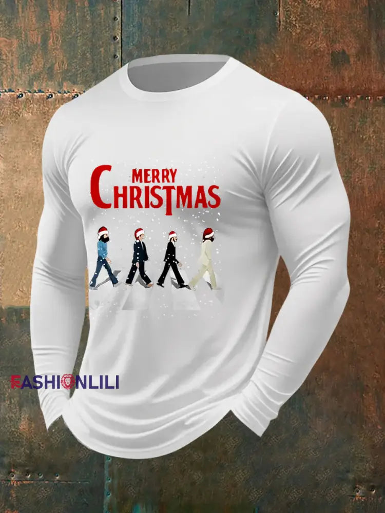 Men’s Merry Christmas Retro Classic Legendary Rock Band Print Gift For Fans Casual Long Sleeve T-Shirt White / S