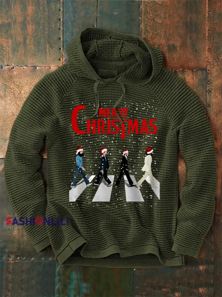 Men’s Merry Christmas Retro Classic Legendary Rock Band Print Gift For Fans Casual Waffle Hoodie Army Green / S