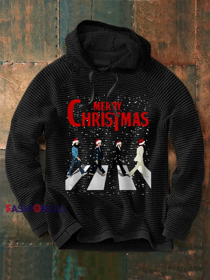 Men’s Merry Christmas Retro Classic Legendary Rock Band Print Gift For Fans Casual Waffle Hoodie Black / S