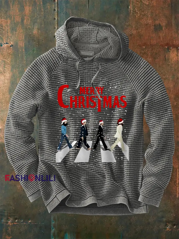 Men’s Merry Christmas Retro Classic Legendary Rock Band Print Gift For Fans Casual Waffle Hoodie Gray / S
