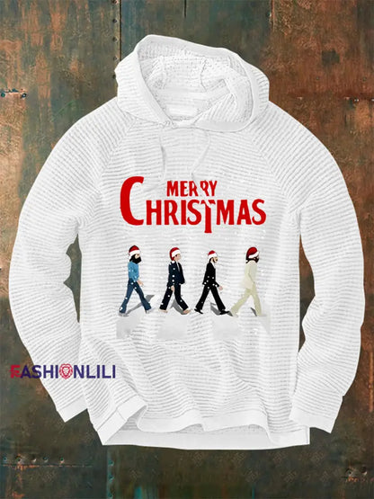 Men’s Merry Christmas Retro Classic Legendary Rock Band Print Gift For Fans Casual Waffle Hoodie White / S