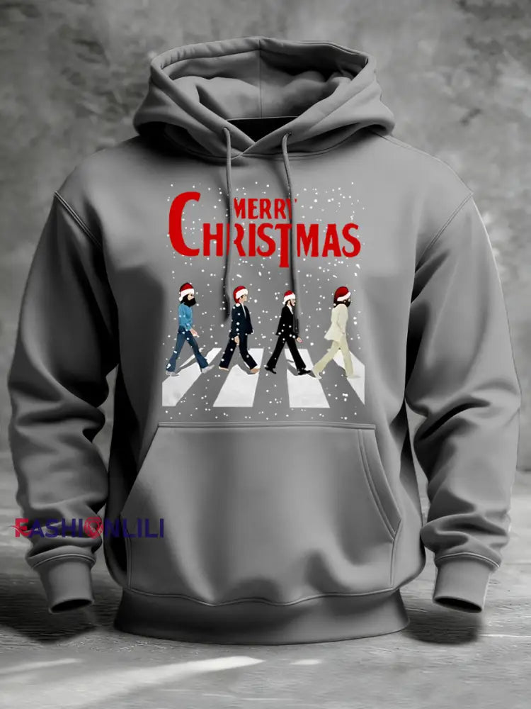 Men’s Merry Chrsitmas Retro Classic Legendary Rock Band Print Gift For Fans Casual Hoodie Gray / S