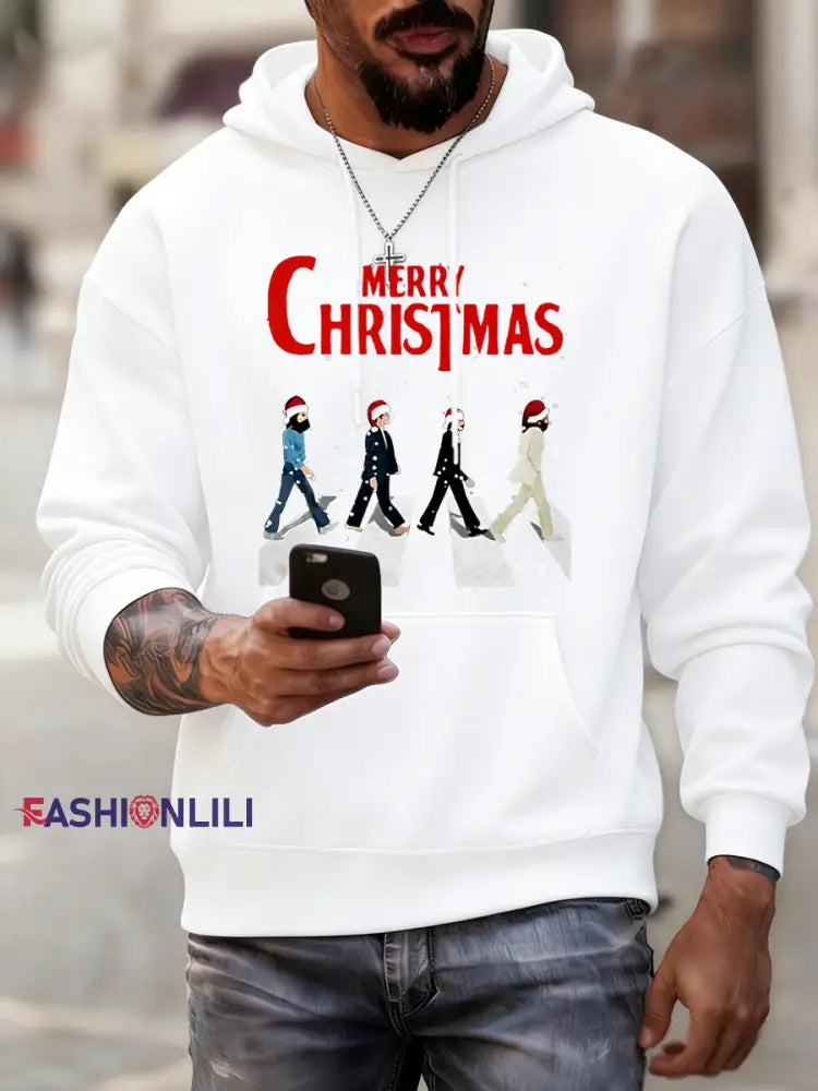 Men’s Merry Chrsitmas Retro Classic Legendary Rock Band Print Gift For Fans Casual Hoodie White / S