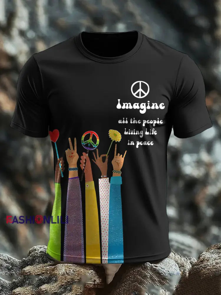 Men’s Music Lover Hippies Printed T-shirt Black / S