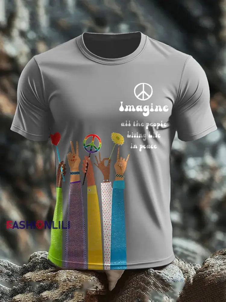 Men’s Music Lover Hippies Printed T-shirt Light Gray / S