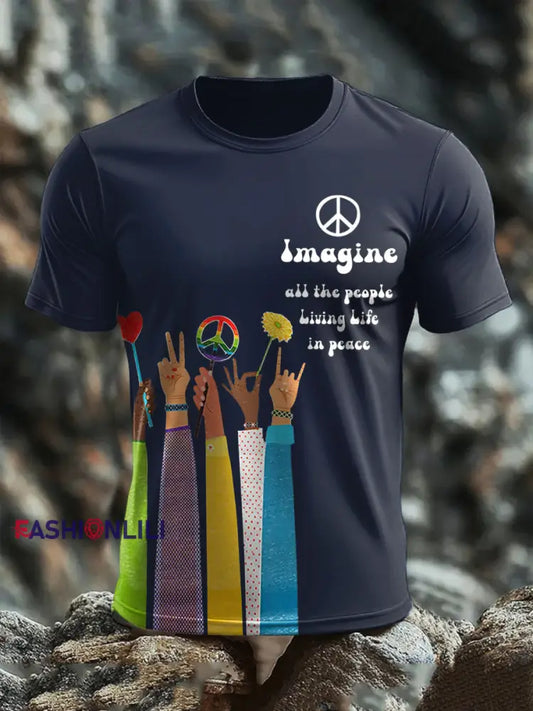 Men’s Music Lover Hippies Printed T-shirt Navy Blue / S