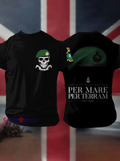 Men’s Navy Veteran Marines Commando Printed T-shirt Black / S