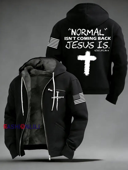 Men’s Normal Isnt Coming Back Jesus Is USA Flag Print Casual Zipper Hooded Plush Jacket Black / S