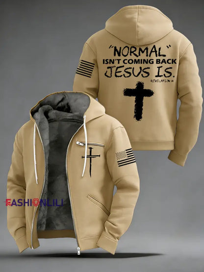 Men’s Normal Isnt Coming Back Jesus Is USA Flag Print Casual Zipper Hooded Plush Jacket Khaki / S