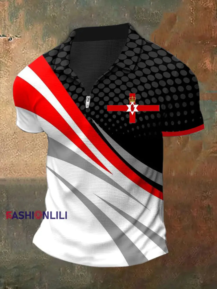 Men’s Northern Ireland Print Polo Neck Plunger Short Sleeve T-Shirt Black And White / S