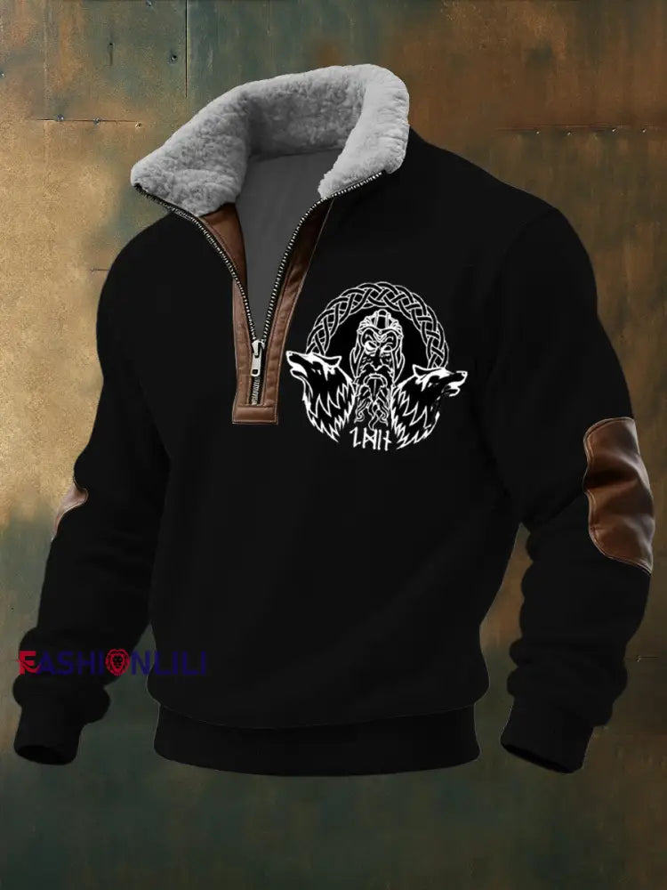 Men’s Odin & Wolf Print Sherpa - Lined Zip Sweatshirt Multicolour / S