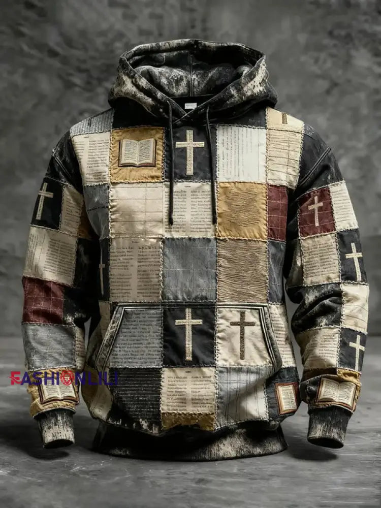 Men’s Patchwork of Faith Printed Oversized Drop-Shoulder Hoodie with Pockets As picture / S