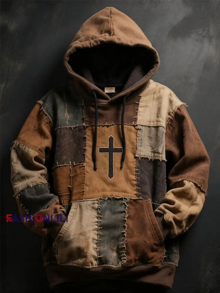Men’s Patchwork of Faith Printed Oversized Drop-Shoulder Hoodie with Pockets As picture / S