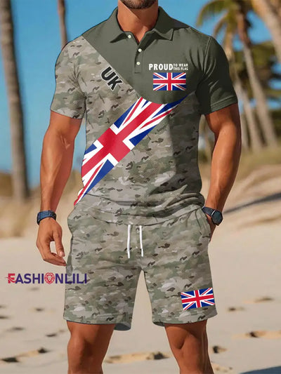 Men’s Proud To Wear This Flag UK Flag Camouflage Print Casual Two-Piece Polo Sets Army Green / S