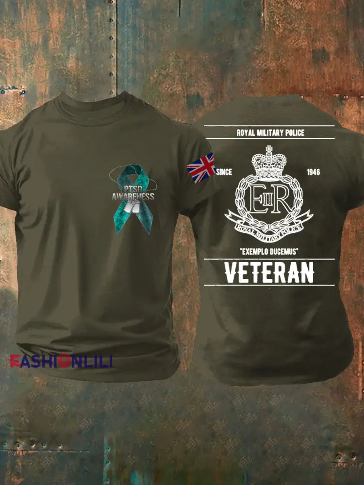 Men’s PTSD Awareness Veteran Police Printed T-shirt Army Green / S