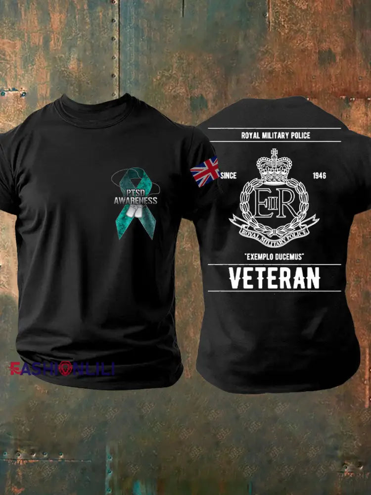 Men’s PTSD Awareness Veteran Police Printed T-shirt Black / S
