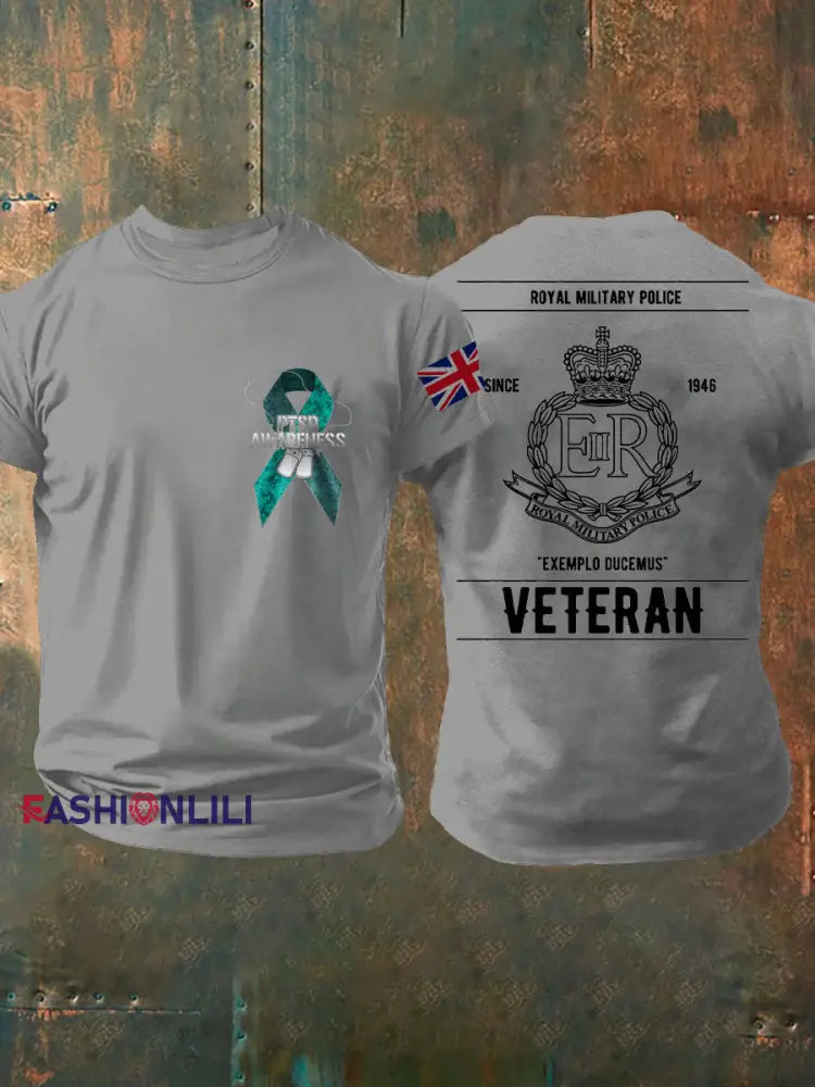 Men’s PTSD Awareness Veteran Police Printed T-shirt Light Gray / S