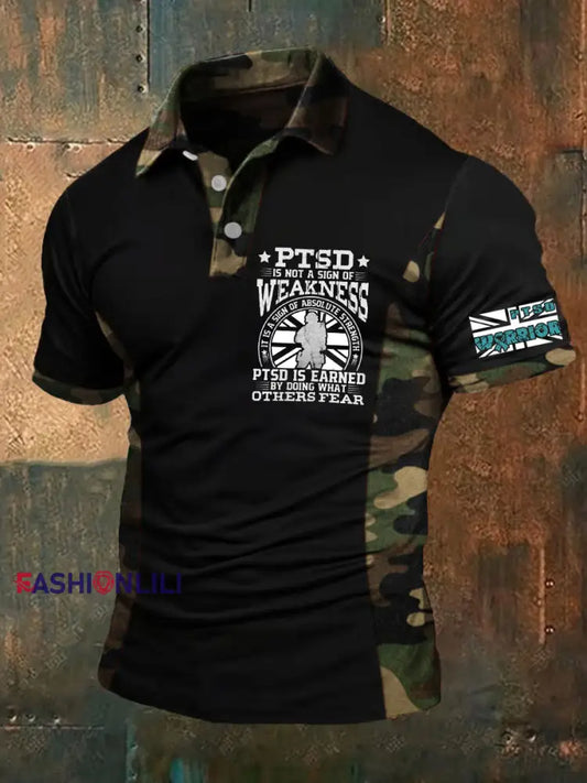 Men’s PTSD Awareness Veteran Printed Casual Tops Black / S