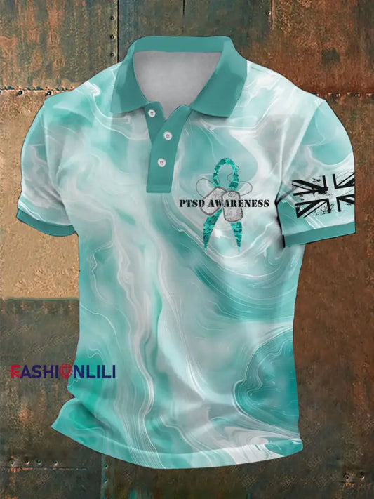Men’s PTSD Awareness Veteran Printed Casual Tops Blue-Green / S