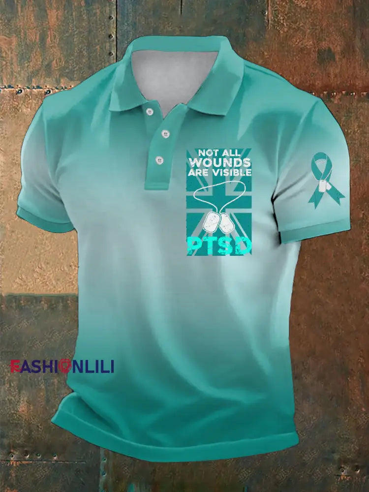 Men’s PTSD Awareness Veteran Printed Casual Tops Blue-Green / S