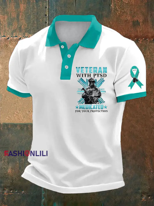 Men’s PTSD Awareness Veteran Printed Casual Tops White / S