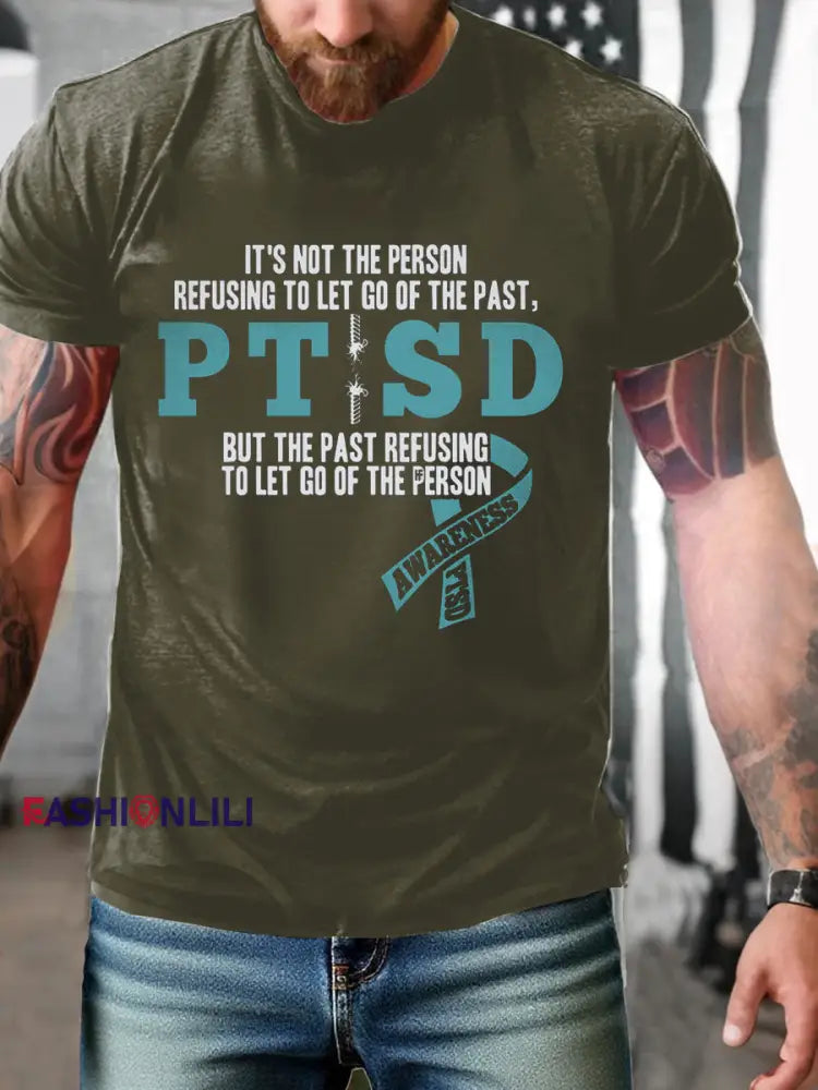 Men’s PTSD Awareness Veteran Printed T-shirt Army Green / S