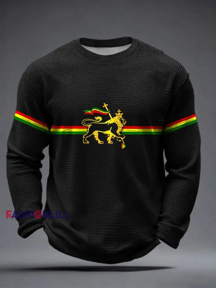 Men’s Reggae Music Inspired Lion Print Waffle Long-Sleeve T-Shirt Black / S