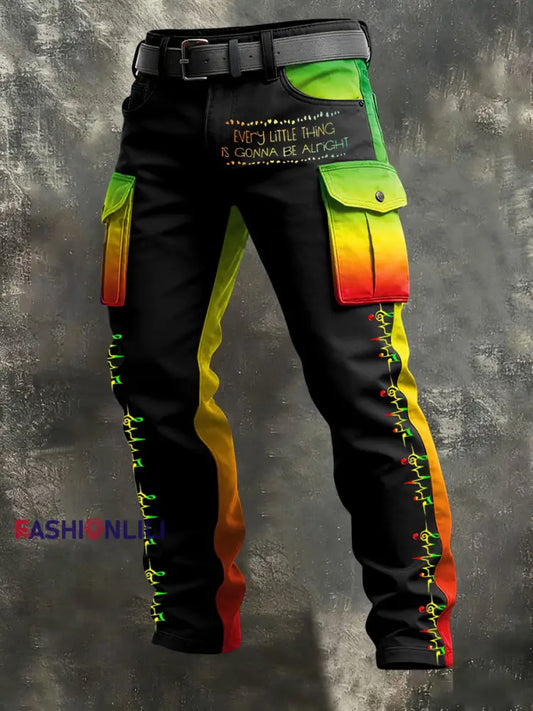 Men’s Reggae Print Retro Art Casual Workwear Trousers Black / S