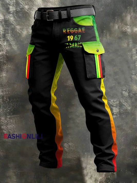 Men’s Reggae Print Retro Art Casual Workwear Trousers Black / S