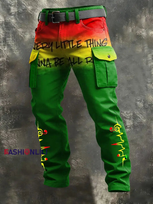 Men’s Reggae Print Retro Art Casual Workwear Trousers Green / S