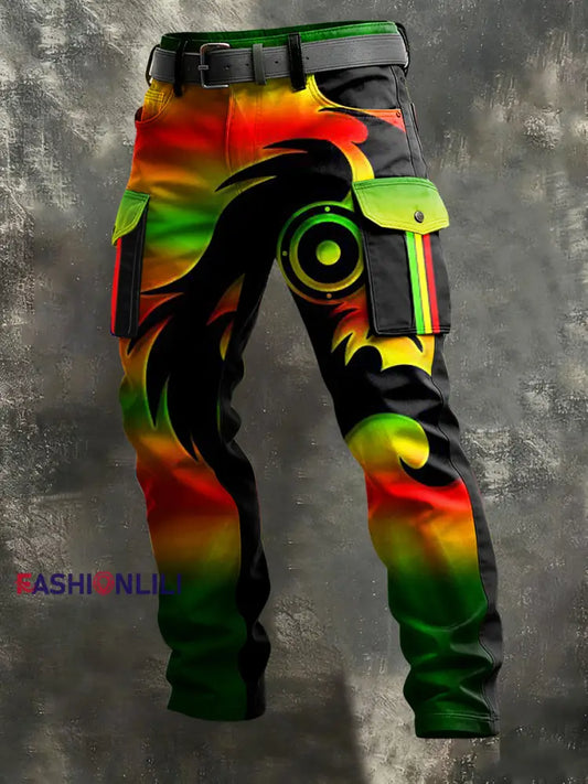 Men’s Reggae Print Retro Art Casual Workwear Trousers Multicolour / S