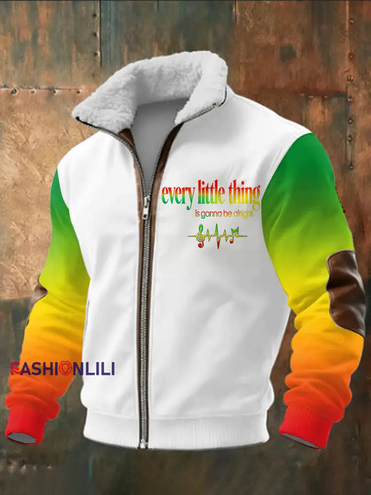 Men’s Reggae Printed Long Sleeved Stand Up Collar Lambhair Zipper Top White / S