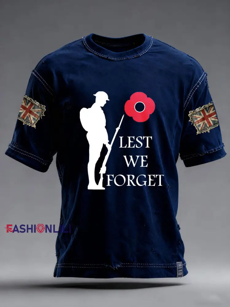Men’s Remembrance Day Lest We Forge Short Sleeves T-shirt Navy Blue / S