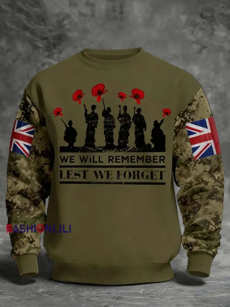 Men’s Remembrance Day Lest We Forget aggy Crew Neck Sweatshirt Army Green / S